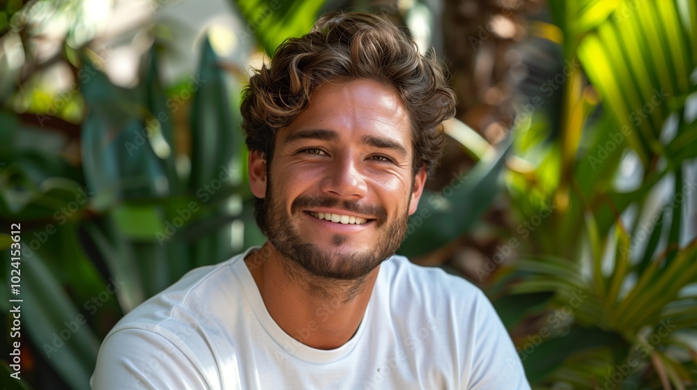 Photo of an attractive Italian man with brown hair and beard, wearing white t-shirt smiling at the camera in front of plants outdoors during daytime Photo of an attractive Italian man with brown hair and beard, wearing white t-shirt smiling at the camera in front of plants outdoors during daytime