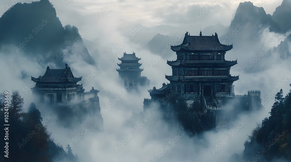A breathtaking scene of ancient East Asian towers surrounded by mist and mountains A breathtaking scene of ancient East Asian towers surrounded by mist and mountains