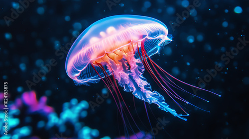 A stunning jellyfish gracefully floating in vibrant waters, showcasing its bioluminescent glow and intricate tentacles, creating a mesmerizing marine spectacle.