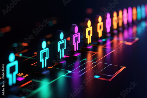 Community support initiative promoted through digital marketing ads, Colorful digital icons representing people in a row, symbolizing connectivity and digital interaction in a modern environment.