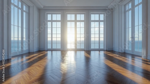 Empty room with large windows overlooking the ocean, sunlight streams in.