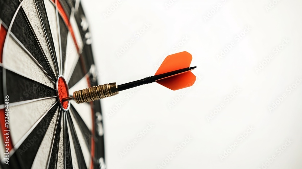 A dart with an orange fletching is in the bullseye of a dartboard. A dart with an orange fletching is in the bullseye of a dartboard.