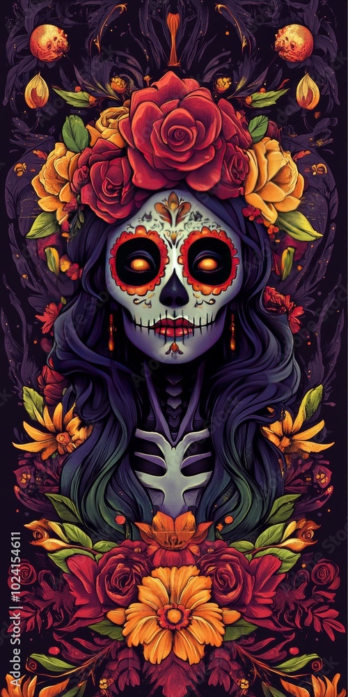 Ample room for text in Dia de los Muertos-themed artwork. Ample room for text in Dia de los Muertos-themed artwork.