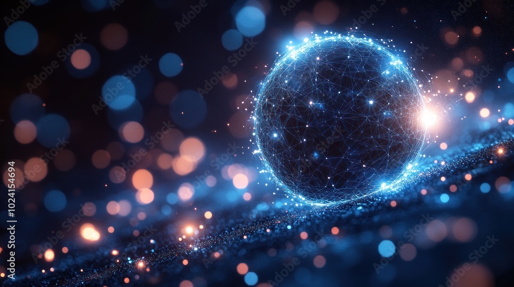 Abstract glowing sphere with connected lines and dots on a dark background. Abstract glowing sphere with connected lines and dots on a dark background.