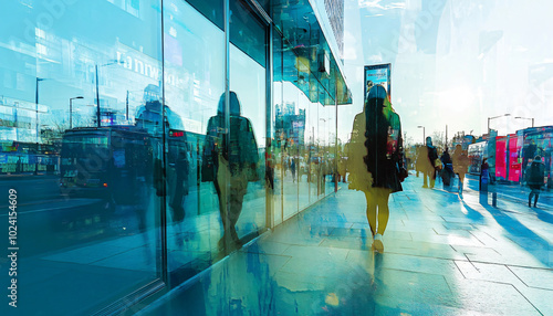 Capture people through glass surfaces that have multiple layers of reflection, such as shop windows or bus stops, creating a blend of interior and exterior worlds overlapping with the person