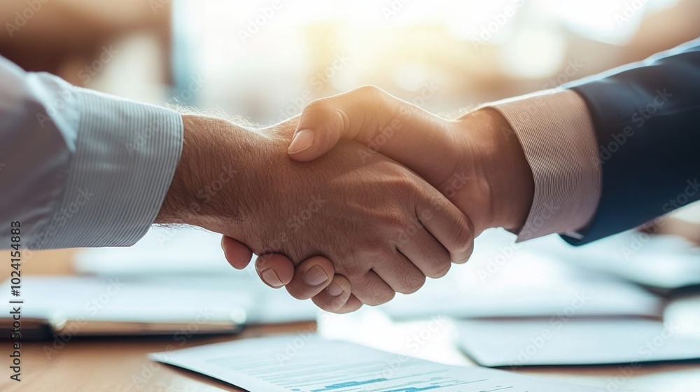 Close-up of two hands shaking with business documents in the background. Close-up of two hands shaking with business documents in the background.