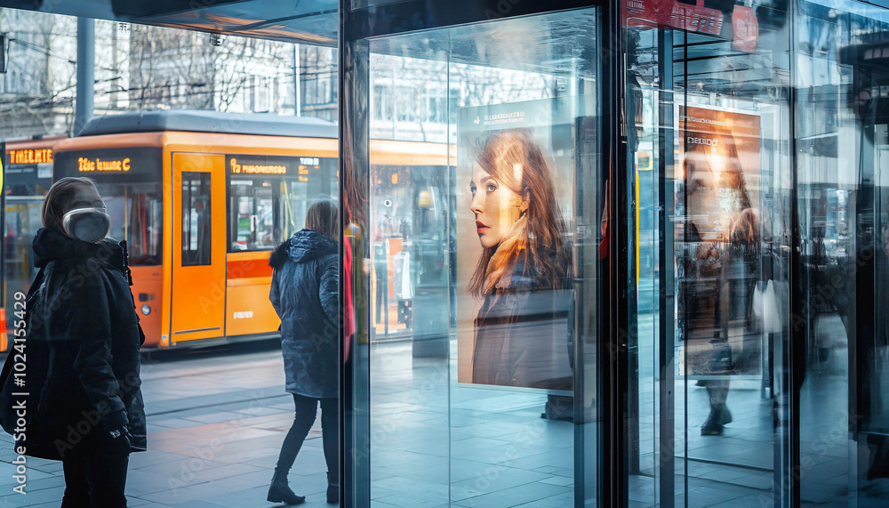 Fototapeta premium Capture people through glass surfaces that have multiple layers of reflection, such as shop windows or bus stops, creating a blend of interior and exterior worlds overlapping with the person