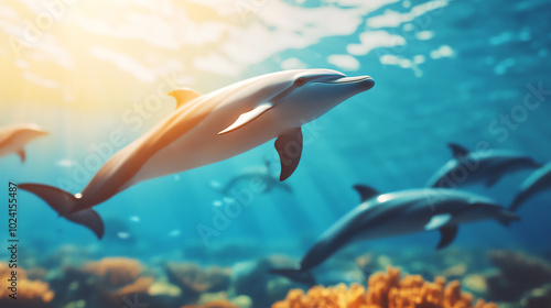 A playful dolphin swims gracefully in a vibrant underwater scene, shining sunlight filtering through the waves, surrounded by coral reefs and other marine life.