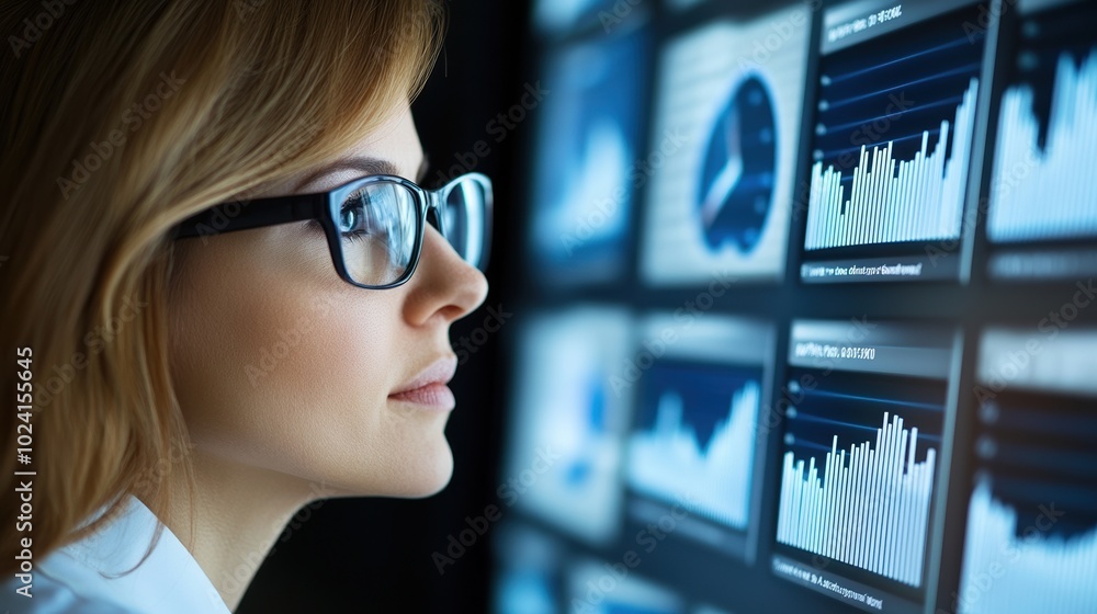 Focused woman analyzing data on multiple digital screens in a modern office. Focused woman analyzing data on multiple digital screens in a modern office.