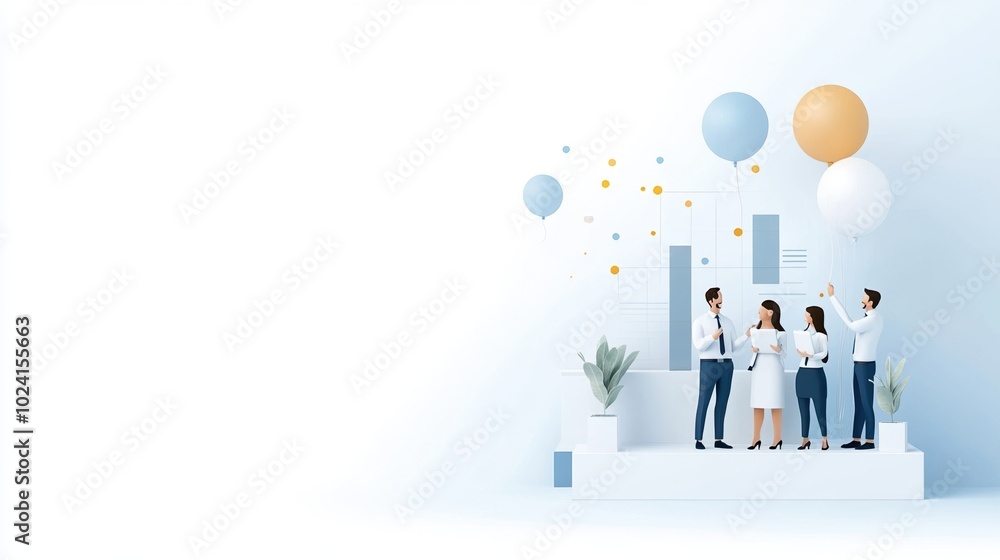 Four professionals celebrating success with balloons and charts on a white background. Four professionals celebrating success with balloons and charts on a white background.