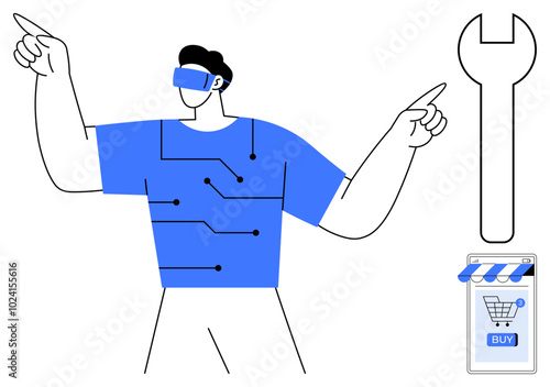 Person using a VR headset and pointing. Circuit-patterned shirt. Large wrench and storefront icon with a buy button. Ideal for online shopping gaming hardware technology future innovation