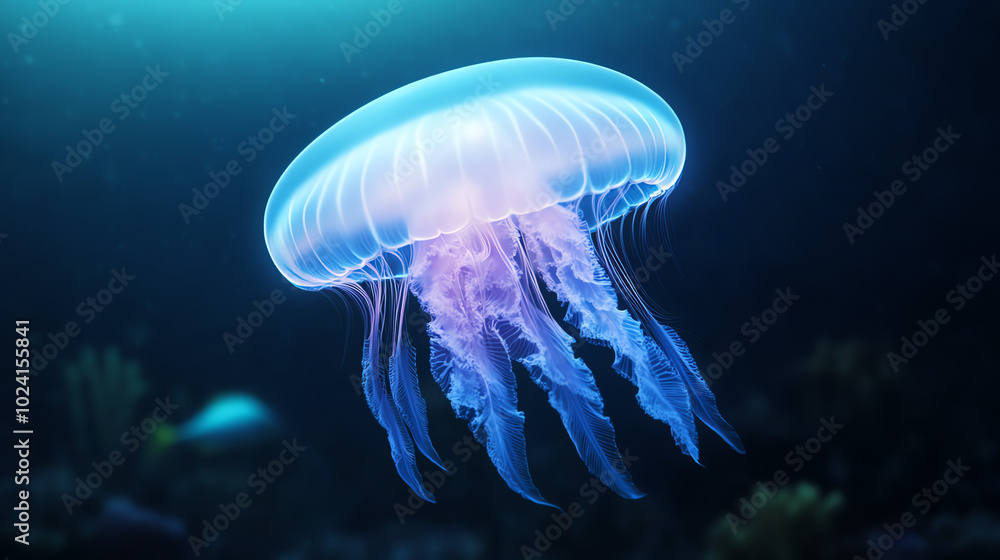 A luminous jellyfish gracefully drifting through the deep blue ocean, showcasing its ethereal beauty with flowing tentacles and a glowing bell. A luminous jellyfish gracefully drifting through the deep blue ocean, showcasing its ethereal beauty with flowing tentacles and a glowing bell.