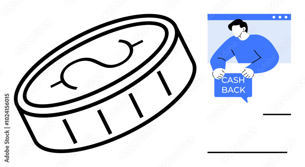 Large coin with dollar symbol alongside person holding cash back sign