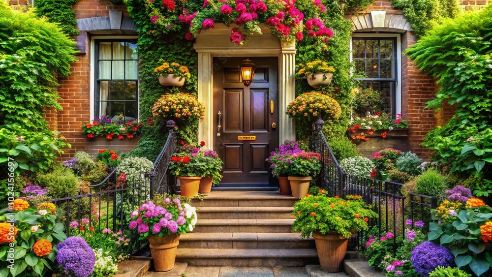 Stunning Urban Home Entrance in Bloom with Lush Greenery and Vibrant Flowers - Generative AI Design Inspiration Stunning Urban Home Entrance in Bloom with Lush Greenery and Vibrant Flowers - Generative AI Design Inspiration