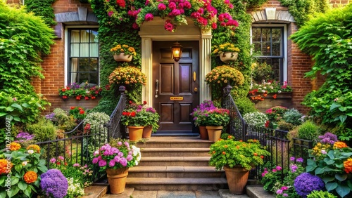 Stunning Urban Home Entrance in Bloom with Lush Greenery and Vibrant Flowers - Generative AI Design Inspiration