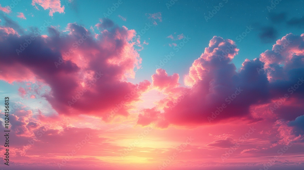 A vibrant sunset sky with pink and blue clouds, the sun peeking through. A vibrant sunset sky with pink and blue clouds, the sun peeking through.