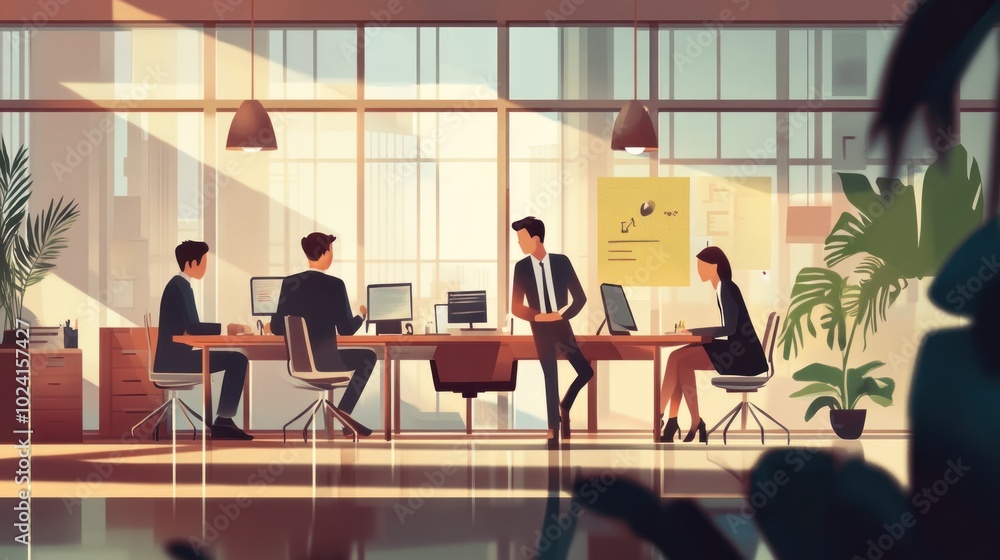 Business characters collaborating in an open office space, vector illustration with a focus on teamwork and productivity Business characters collaborating in an open office space, vector illustration with a focus on teamwork and productivity