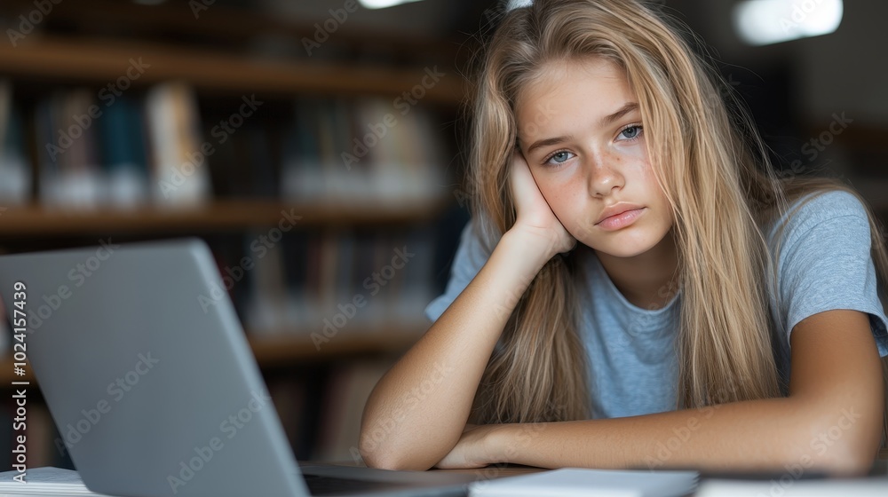 Young Student Studying in Library with Laptop  Bookshelf Background