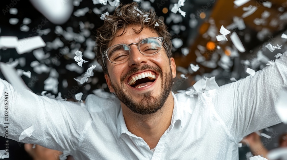 Happy man celebrating with confetti at a festive event, joyful atmosphere. Happy man celebrating with confetti at a festive event, joyful atmosphere.