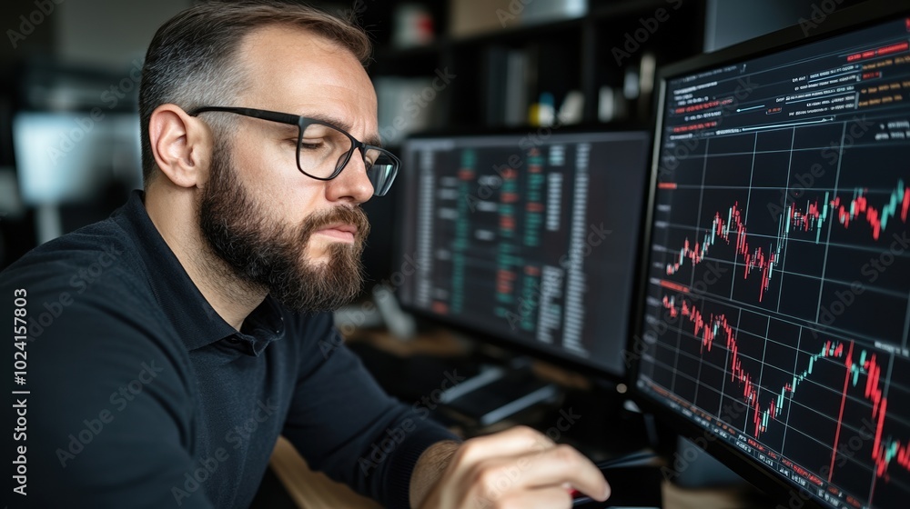 Man analyzing market data on multiple computer screens in a professional setting. Man analyzing market data on multiple computer screens in a professional setting.