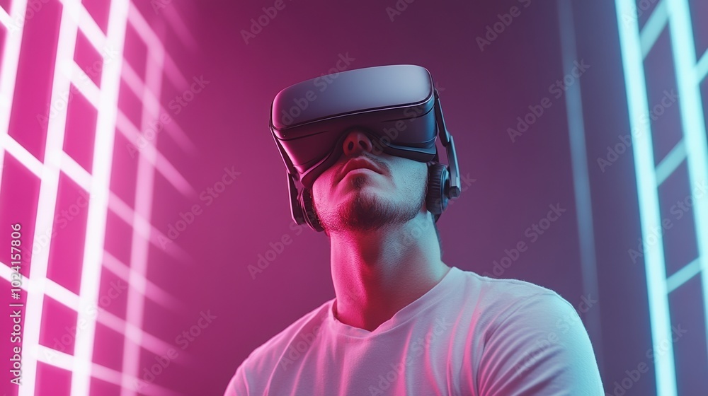 Man wearing virtual reality headset in vibrant neon lighting environment. Man wearing virtual reality headset in vibrant neon lighting environment.