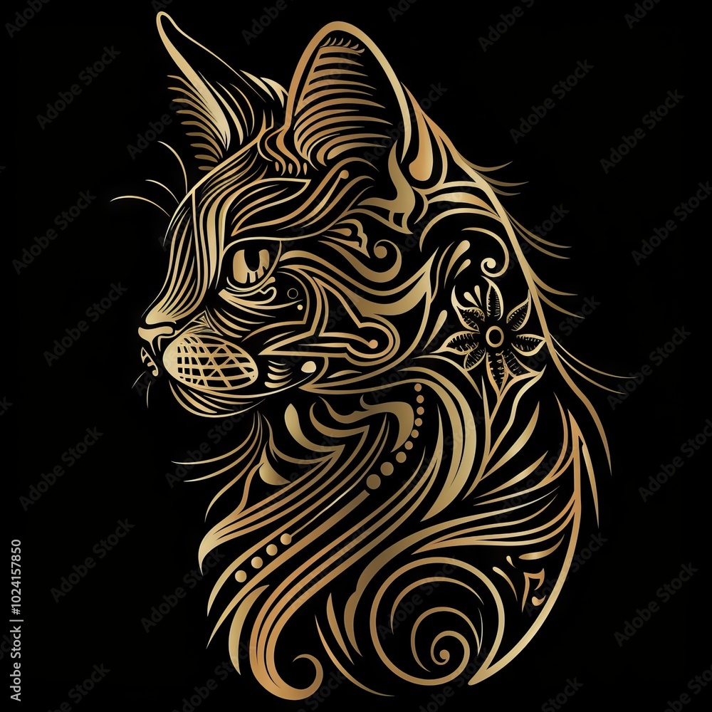 Obraz premium Cat head with intricate tribal designs in copy space.