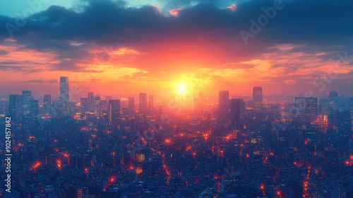 A breathtaking sunset over a sprawling cityscape, highlighting urban beauty and tranquility.