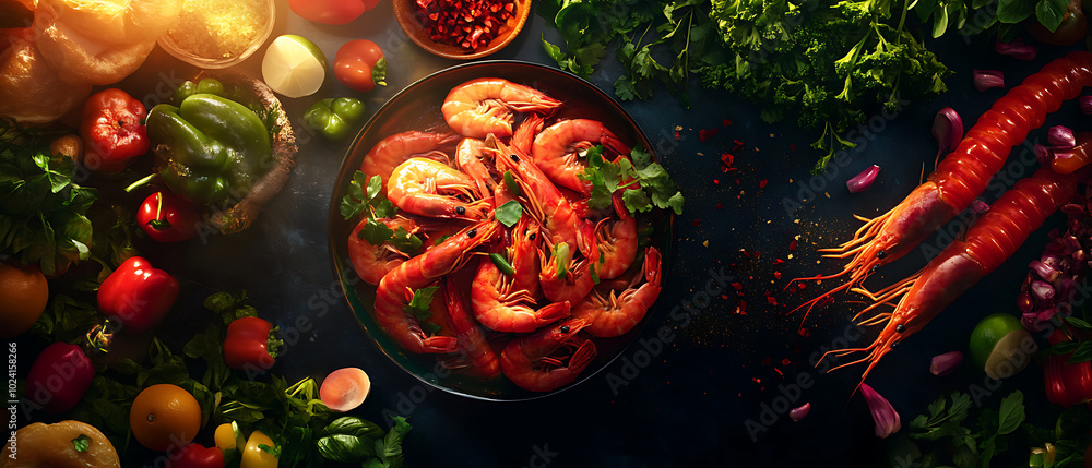 Fresh shrimp dish with herbs and spices, vibrant vegetables on dark background. Fresh shrimp dish with herbs and spices, vibrant vegetables on dark background.