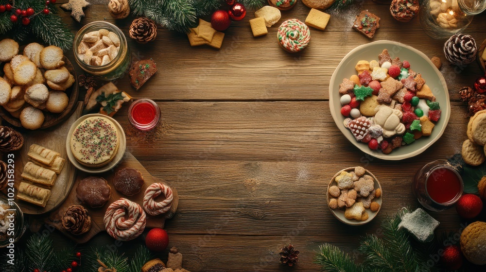 Christmas table scene of assorted sweets and cookies. Top view over a rustic wood background. Holiday baking concept. Christmas table scene of assorted sweets and cookies. Top view over a rustic wood background. Holiday baking concept.