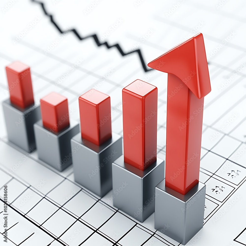 Upward Market Trend Illustrated with Red Arrow and 3D Bar Chart