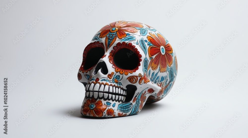 Vibrant and intricately designed sugar skull decorated with floral patterns, representing the Day of the Dead celebration. Vibrant and intricately designed sugar skull decorated with floral patterns, representing the Day of the Dead celebration.