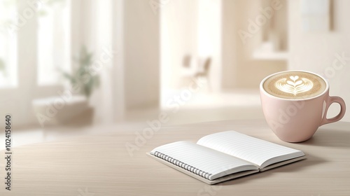 A serene workspace featuring an elegant laptop, a stylish notebook opened to a fresh page, and a vibrant cup of coffee, all laid out on a beautifully textured wooden desk. The background softly blurs