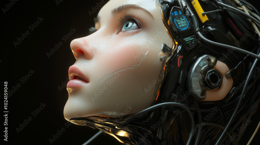 A close-up of a robot woman's face, showing her cybernetic head. Wires connect her to an artificial intelligence system. The female cyborg looks up, her face a futuristic vision. A close-up of a robot woman's face, showing her cybernetic head. Wires connect her to an artificial intelligence system. The female cyborg looks up, her face a futuristic vision.