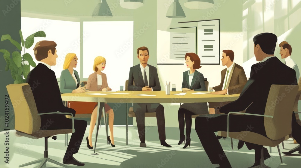 Business meeting vector illustration, featuring characters gathered around a table discussing strategies in an office Business meeting vector illustration, featuring characters gathered around a table discussing strategies in an office