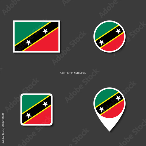 Saint Kitts and Nevis flag icon set in different shape (rectangle, circle, square and marker icon) on dark grey background. Saint Kitts and Nevis sticker icon collection on barely dark background	
