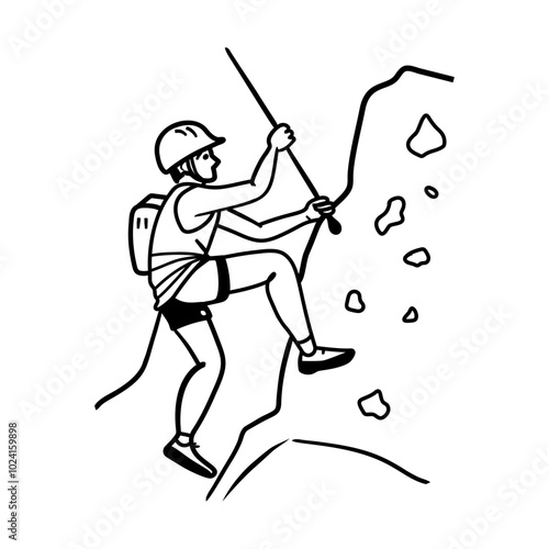 Hand drawn icon of a person rock climbing, wearing a helmet and harness and scaling a rocky cliff