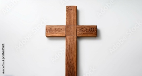 Crucifijo de madera, símbolo en forma de cruz de madera de pino lisa, fondo sólido con sombras suaves photo