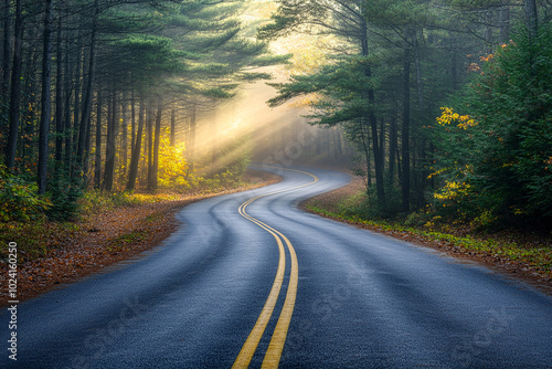 Serene Autumn Road with Warm Sunlight and Fog: Winding Path Through Evergreen Trees and Fall Foliage