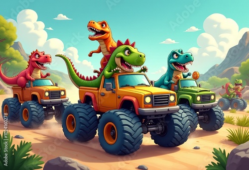 Fototapeta Naklejka Na Ścianę i Meble -  Exciting Dinosaur Characters Driving Colorful Vehicles: A Joyful Cartoon Scene Full of Energy and Adventure
