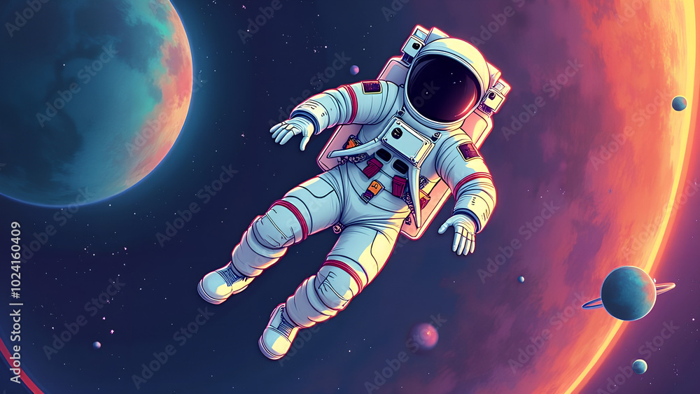 Colorful Illustration of an Astronaut Floating in Space Rainbow Spacewalk Colorful Illustration of an Astronaut Floating in Space Rainbow Spacewalk