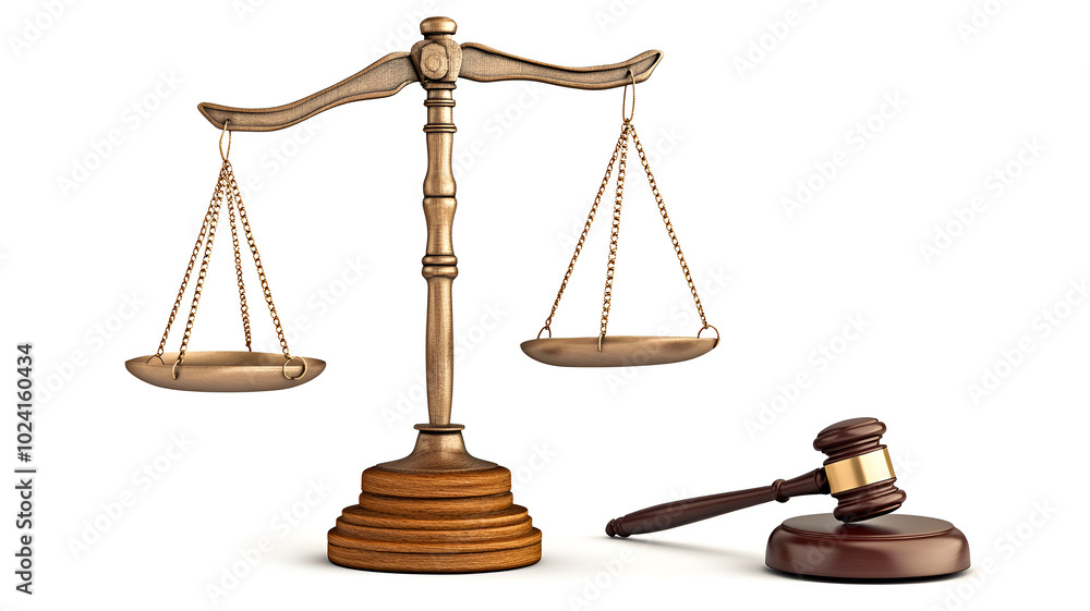 A wooden gavel and a golden scale of justice on white background. A golden scale of justice with a gavel. symbolizing balance and law in court. A wooden gavel and a golden scale of justice on white background. A golden scale of justice with a gavel. symbolizing balance and law in court.