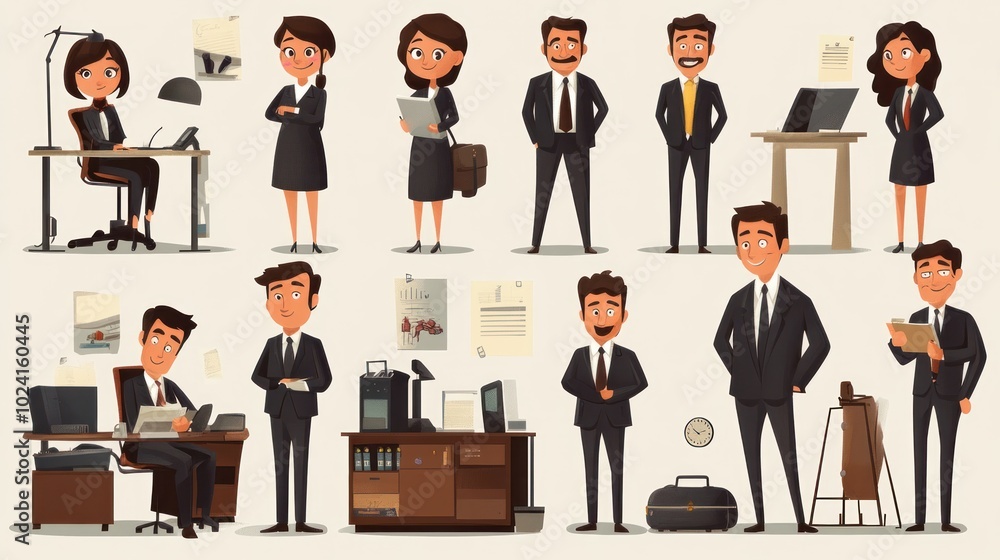 Obraz premium Business staff vector design set, showcasing a variety of characters in different roles within a corporate office