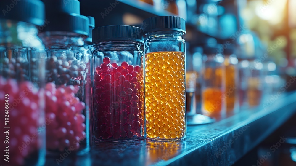 Colorful Capsules in Glass Jars: A Science Lab Still Life Colorful Capsules in Glass Jars: A Science Lab Still Life