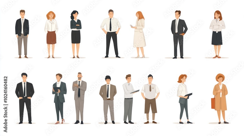 Business staff vector design set, showcasing a variety of characters in different roles within a corporate office Business staff vector design set, showcasing a variety of characters in different roles within a corporate office