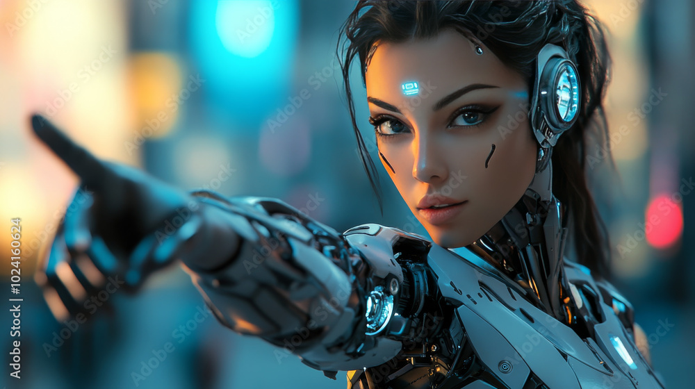 A woman-like robot, with a beautiful, artificial body, points her finger. She's powered by artificial intelligence, making decisions and choices. This represents a possible future. A woman-like robot, with a beautiful, artificial body, points her finger. She's powered by artificial intelligence, making decisions and choices. This represents a possible future.