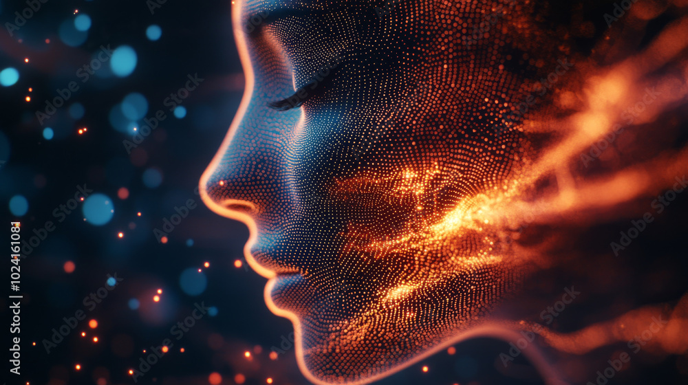 A glowing, abstract face made of dots represents artificial intelligence. It's like a robot's mind in a digital world. AI uses this network to analyze information. The surface is wavy and bright. A glowing, abstract face made of dots represents artificial intelligence. It's like a robot's mind in a digital world. AI uses this network to analyze information. The surface is wavy and bright.