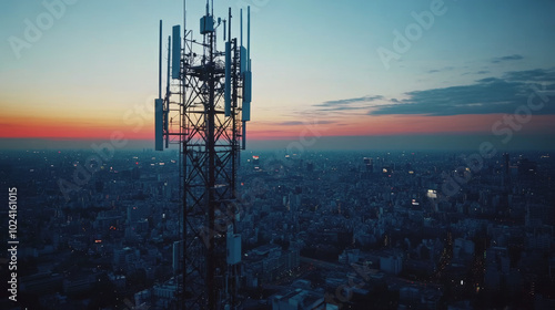 A 5G tower provides super-fast wireless internet in cities. It's part of the mobile network, connecting to satellites for even wider coverage.