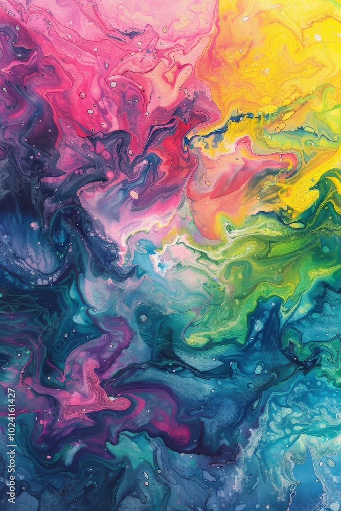 A colorful painting with a rainbow background and a blue and pink swirl A colorful painting with a rainbow background and a blue and pink swirl