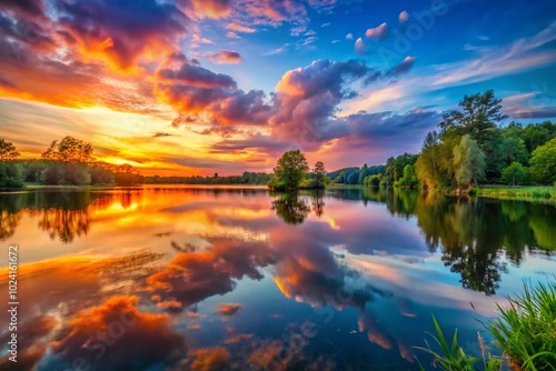 Tranquil Summer Lake Sunset: A Serene Evening Reflection of Nature's Beauty at Dusk over Calm Waters