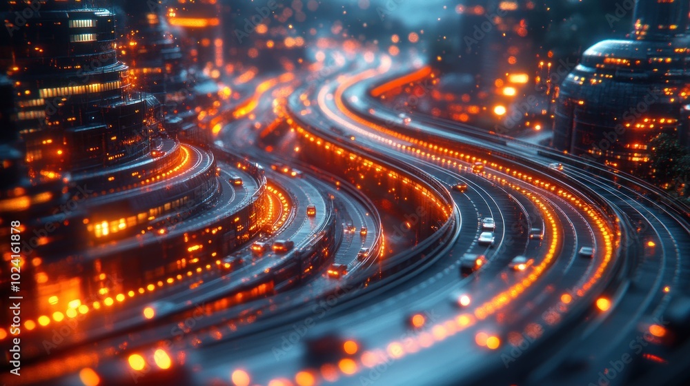 A futuristic cityscape with a winding highway lit by neon lights. A futuristic cityscape with a winding highway lit by neon lights.